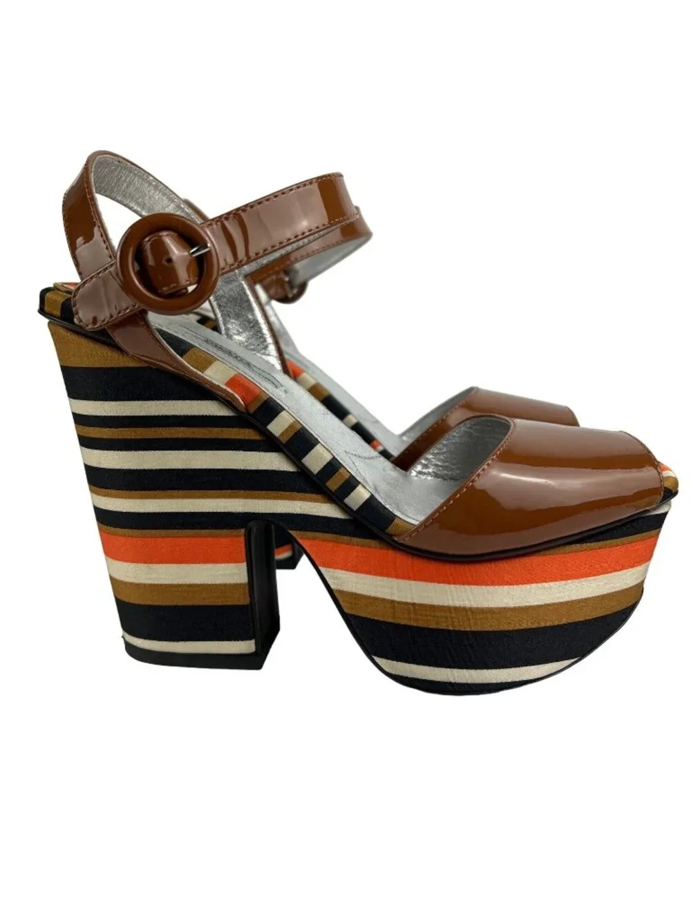 Prada Brown Patent Leather Peep-Toe Platform Heels With Striped Fabric Size 8.5